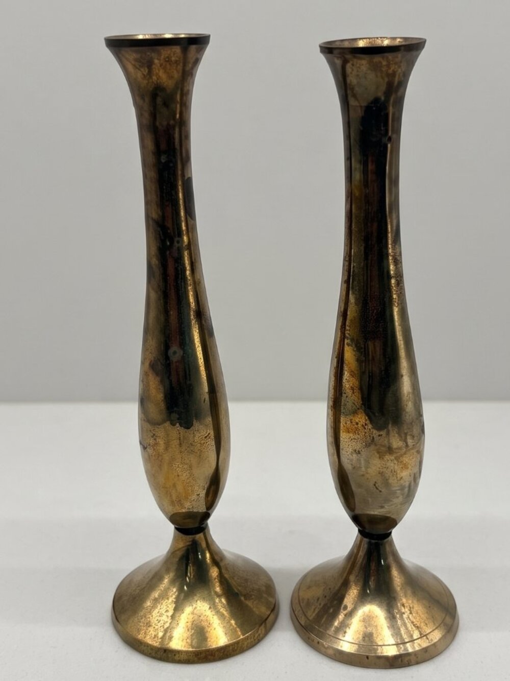 Vintage India Brass Bud Vases Pair Tall Trumpet Boho Decor 8.5"